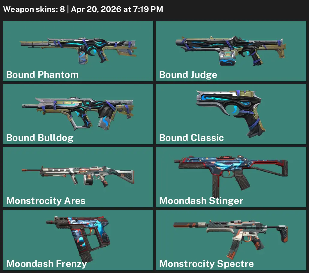EU⚡8 Skins⚡Bound Phantom⚡Moondash Frenzy⚡Bound Judge⚡Bound Bulldog⚡Bound Classic⚡Monstrocity Ares⚡#IVJ8837 - Image 3