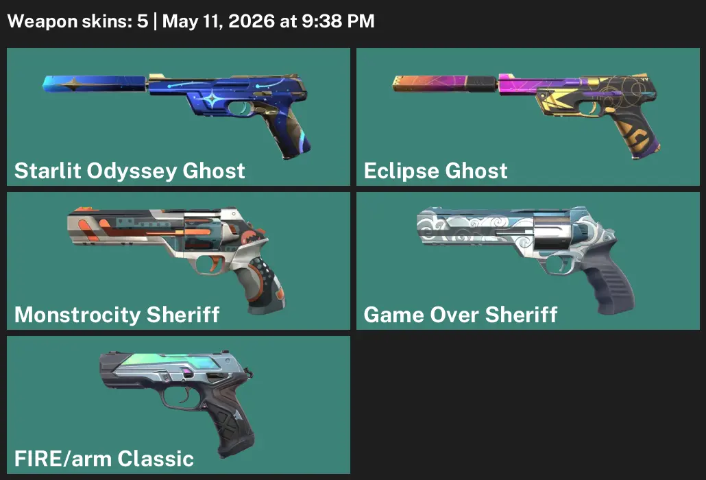 EU⚡5 Skins⚡exp SILVER 1⚡Eclipse Ghost⚡Starlit Odyssey Ghost⚡Monstrocity Sheriff⚡Game Over Sheriff⚡FIRE/arm Classic⚡#NYR2049 - Image 2