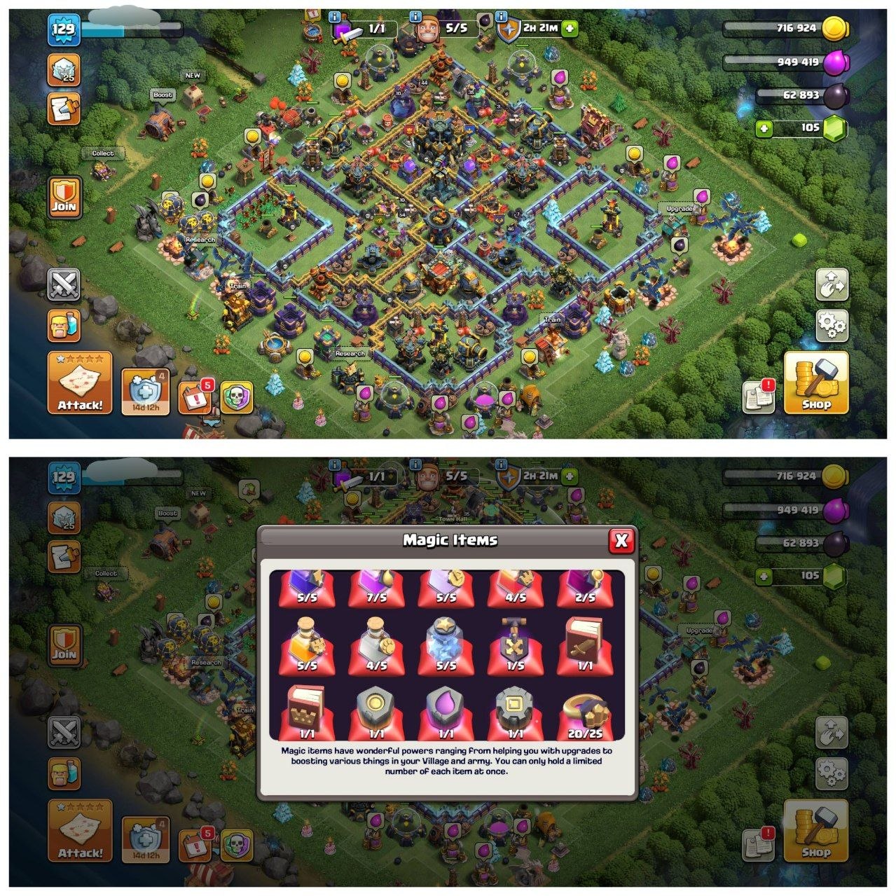 TH17 HALF MAX ID⚡️12 EPIC EQUIPMENT⚡️XP-129⚡️HERO 44-54-46-33-35-1⚡️ MAGIC ITEMS⚡️ 523 CWL MEDALS⚡️OP LAB⚡️INSTANT DELIVERY 🚚 - Image 1
