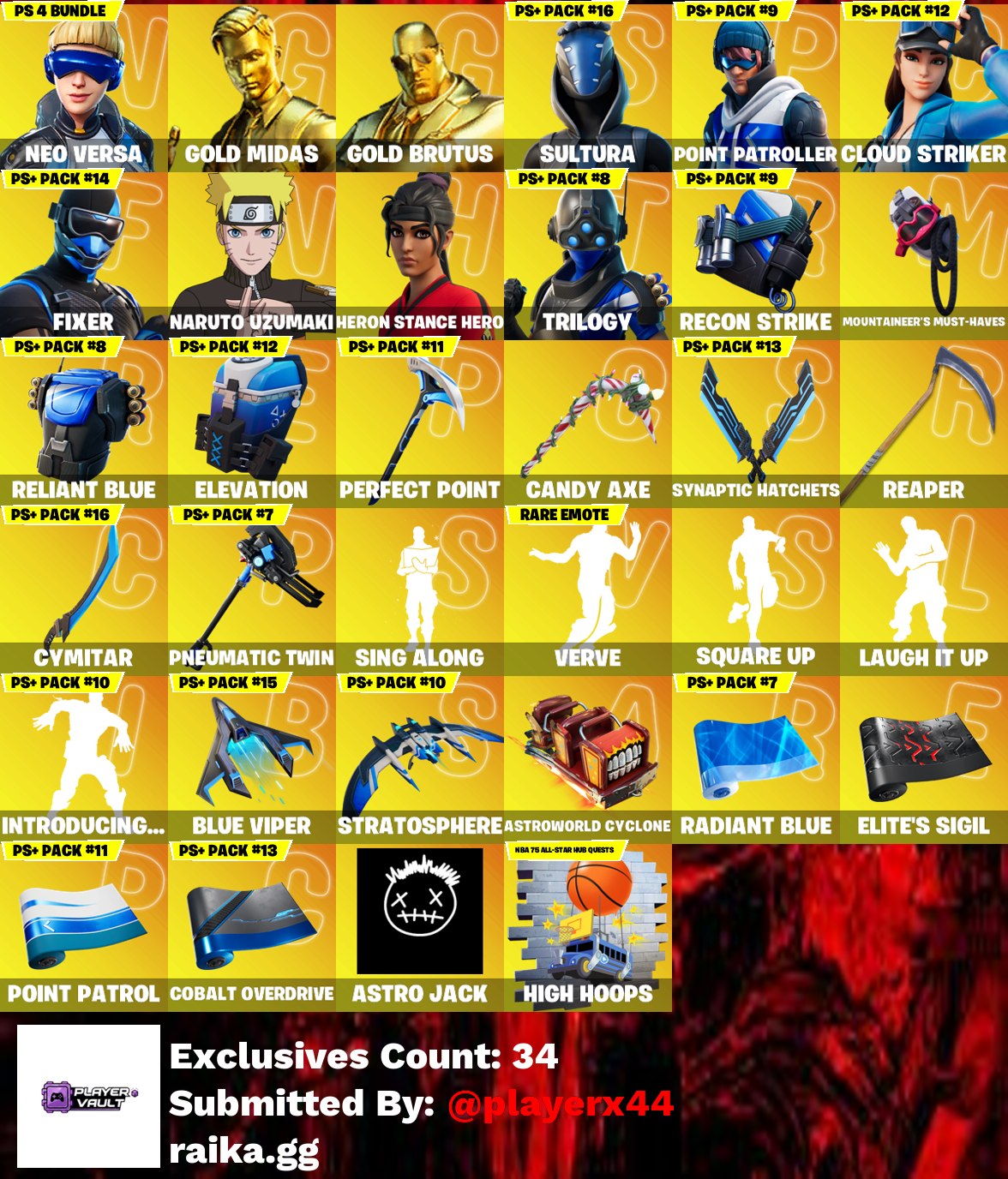 [PC/PSN/XBOX] 232 skins | Neo Versa | Gold Midas | Gold Brutus | Sultura | Point Patroller | Cloud Striker | Fixer | Naruto Uzumaki | Heron Stance Hero | 200 V - Image 1