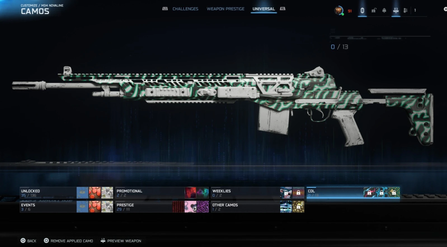 👑 Nexus Horizon Camo 🪭 Prestige Master 👌 Infestation ☣️ Genesis 🌱 Apocalypse 🌋 Singularity 🌌 👑 2000+ Camos 🧣 Level 91 🪄 Main Account 🧑‍🚀 34 Operator Skins 🏅 29 Prestige 🎯 34 Universal Cam - Image 6