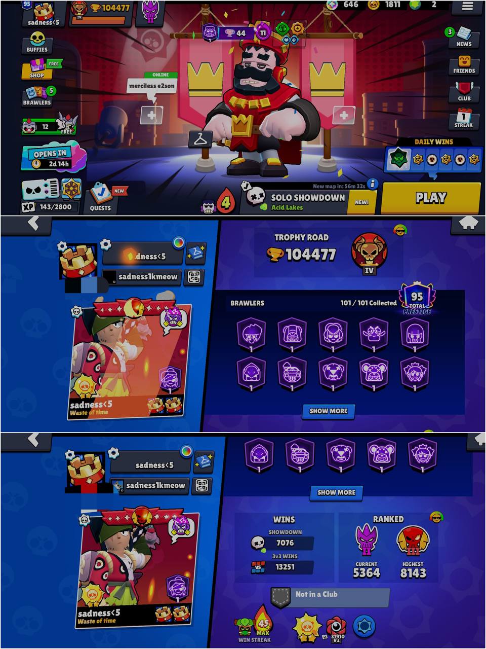 OG 2019, RED KING FRANK, SOLAR FAME 2, 104k+ TROPHY, 95 PRESTIGE ,65 HYPER CHARGED, 7 MAXED BRAWLERS, 386 OP SKINS [7 MYTHIC + 12 LEGENDARY + 8 HYPERCHARGED] , 1198 PINS, 591 PLAYER ICON AND 279 SPRAY - Image 2