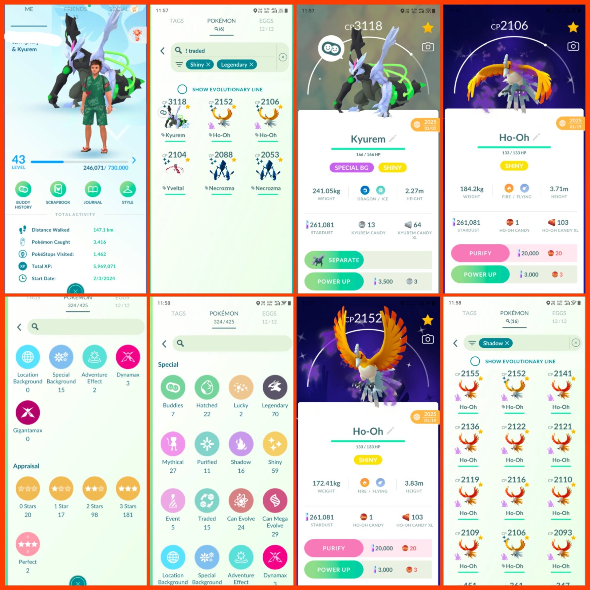 HIGH VALUE LVL 42) SPECIAL BG KYUREM | SHADOW SHINY HO-OH / 260 TRADABLE | 59 SHINY | 70 LEGENDARY / RARE COLLECTION - Image 1