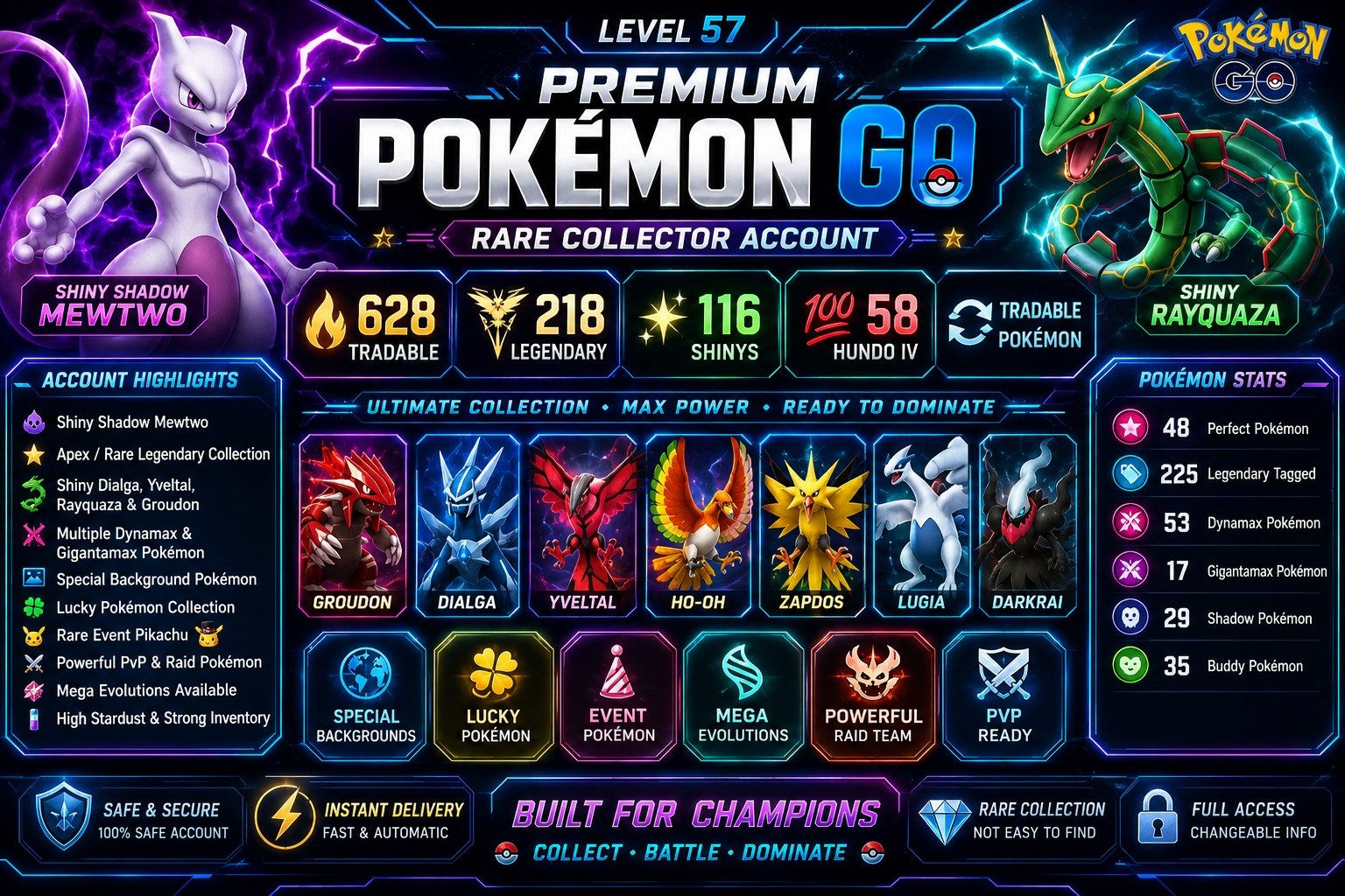 LEVEL 57 RARE PG ACCT | SHINY SHADOW MEWTWO APEX | 58 HUNDO IV) 116 SHINY | 218 LEGENDARY | 628 TRADABLE | RARE ACC - Image 1