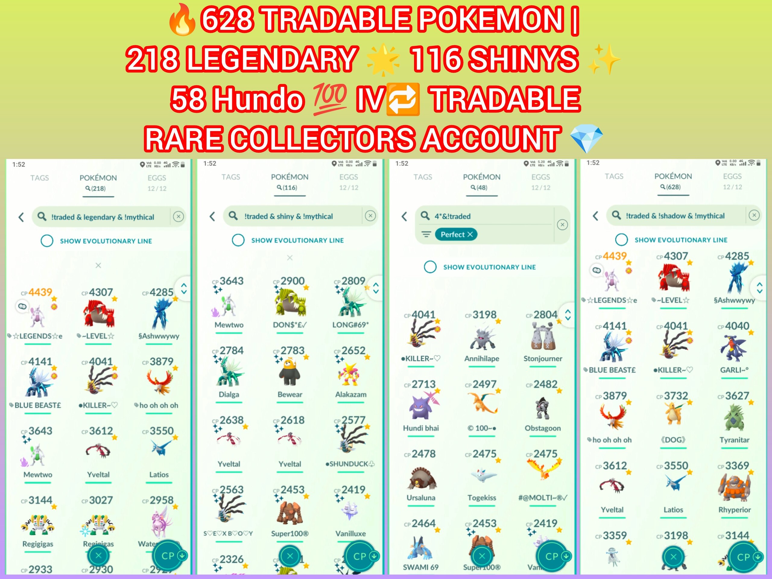 LEVEL 57 RARE PG ACCT | SHINY SHADOW MEWTWO APEX | 58 HUNDO IV) 116 SHINY | 218 LEGENDARY | 628 TRADABLE | RARE ACC - Image 4