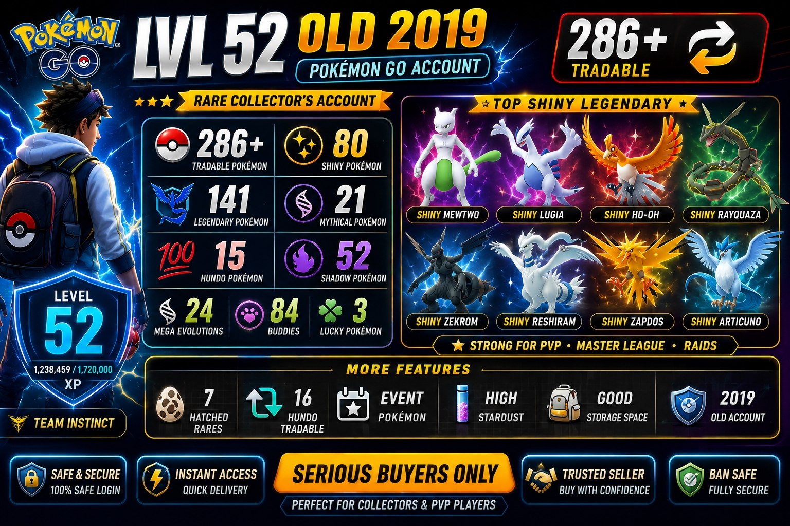 OLD ACCT 2019 PG LVL 52 | SHINY MEWTWO LUGIA HO-OH | 80 SHINY | 141 LEGENDARY | 286 TRADABLE | 15 HUNDO | RARE ACCT - Image 1