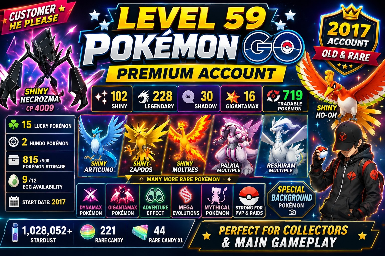 2017 OLD RARE LVL 59) 719 TRADEABLE PG) HO-OH ZAPDOS PG RARE) 228 LEGENDRY | RARE COLLECTOR - Image 1