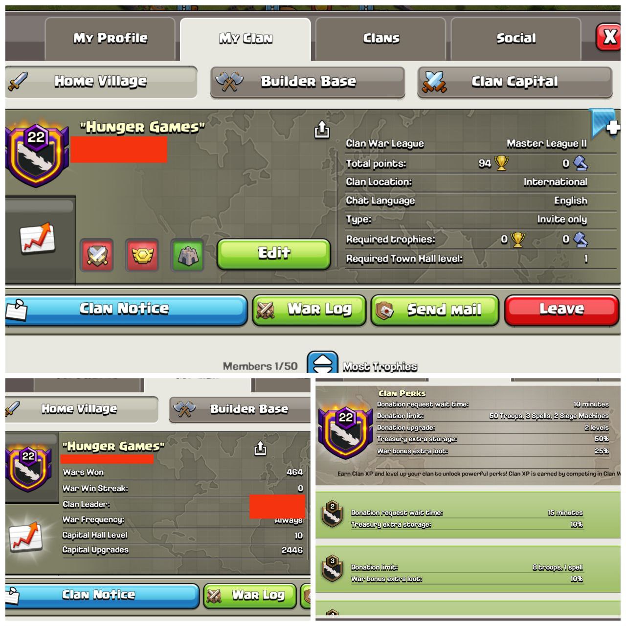 💎 LVL 22 CLAN | NAME: “HUNGER GAMES” (RARE ENGLISH) | MASTER LEAGUE 2 | CH 10 | READY FOR CWL 🛡 | INSTANT DELIVERY ✅ - Image