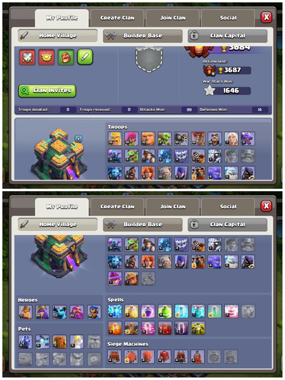 🔥 TH14 NEAR MAX 💥 | 3687 ATB 🏆 | EPIC EQUIPMENTS ⚙️ | MAGIC ITEMS STACKED 🎁 | MAX NIGHT BASE 🌙 | HEROES 73-80-53-55-30 👑 | INSTANT DELIVERY ⚡️ - Image 4