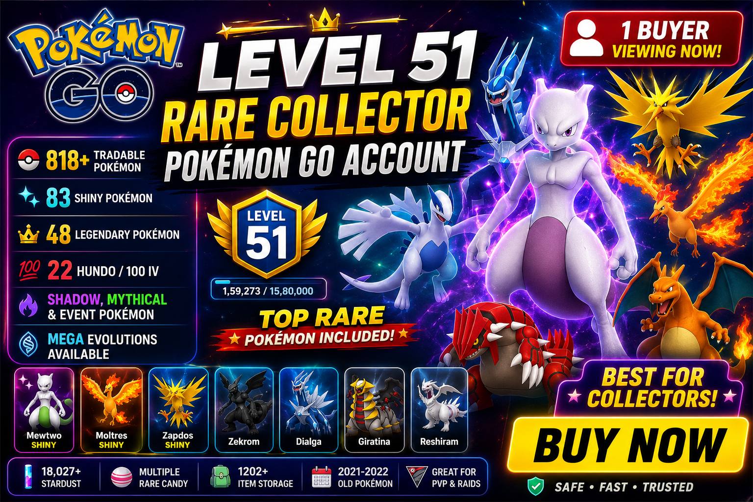 FRESH STOCK LVL 51 SHINY MEWTWO MOLTRES ) 818 TRADEABLE PG) 83 SHINY | 48 LEGENDARY ) RARE COLLECTOR - Image 1