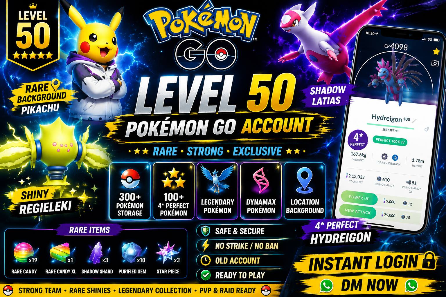 HIGH VALUE ACCT LEVEL 50 SHADOW LATIAS • RARE PIKACHU / 43 SHINY | RARE COLLECTOR INSTANT DELIVERY - Image 1