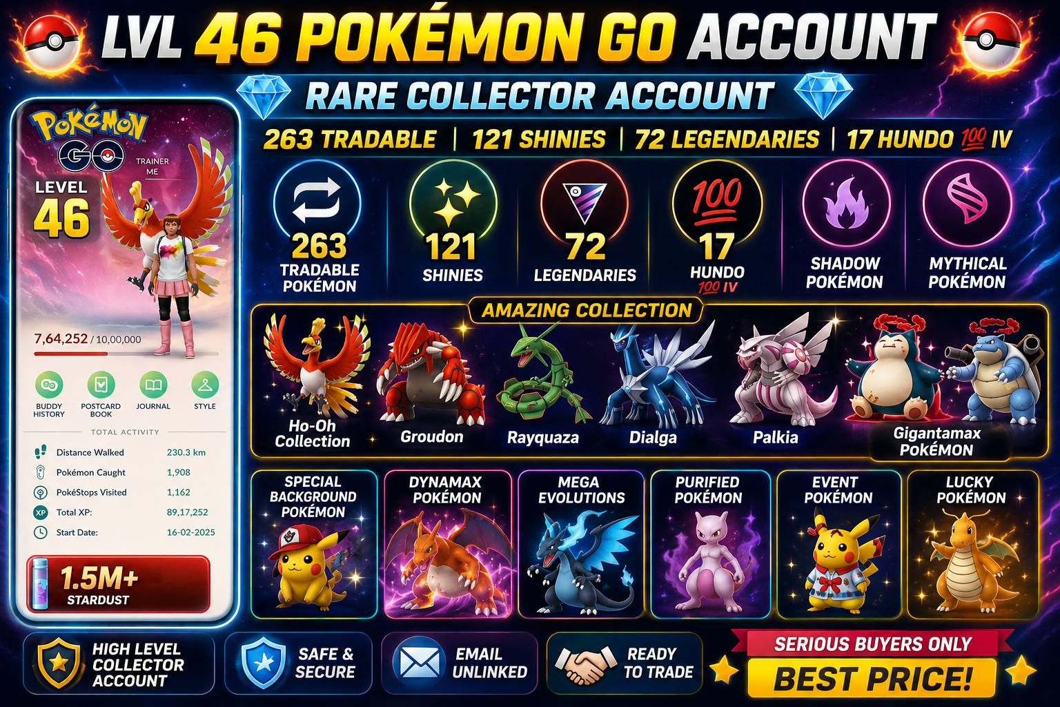 LVL 46 PG ACCT | SPECIAL BG RARE HO-OH COLLECTION ) 121 Shiny 72 LEGENDARY | 17 HUNDOS | 263 TRADABLE | SHADOW & GIGANTAMAX ) INSTANT DELIVERY - Image 1