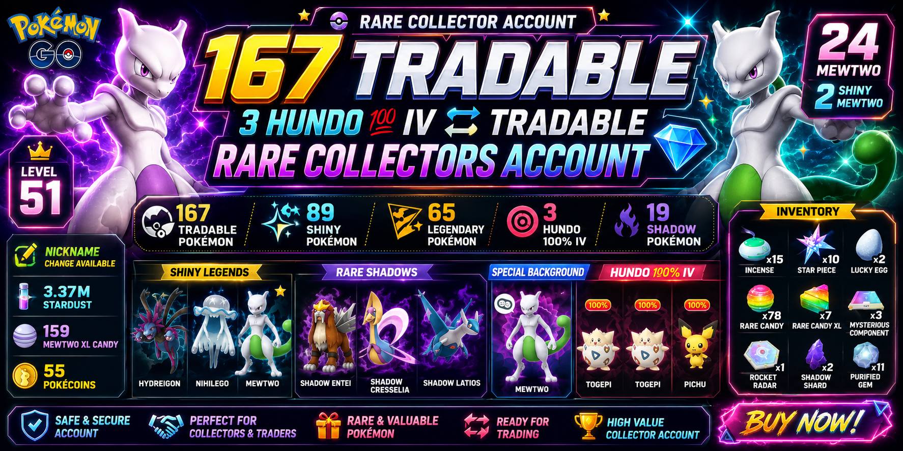 LEVEL 51 PG ACCT | 167 TRADABLE PG | 24 MEWTWO (2 SHINY)| 65 LEGENDARY | 89 SHINY) 3 HUNDO 100% IV | RARE COLLECTOR ACCT - Image 1