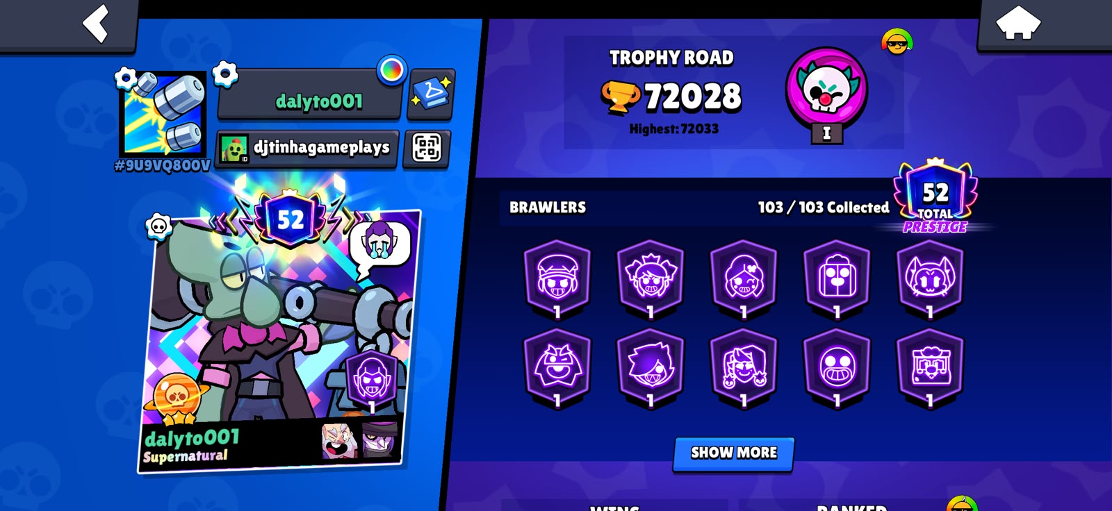 OG 2021🔥52 PRESTIGE STRONG ACCOUNT 72K TROPHY 🎉103 BRAWLERS🎉70 POWERLEVEL🎉50 HYPERCHARGER 🎉TOTAL SKIN 379🎉 - Image 1