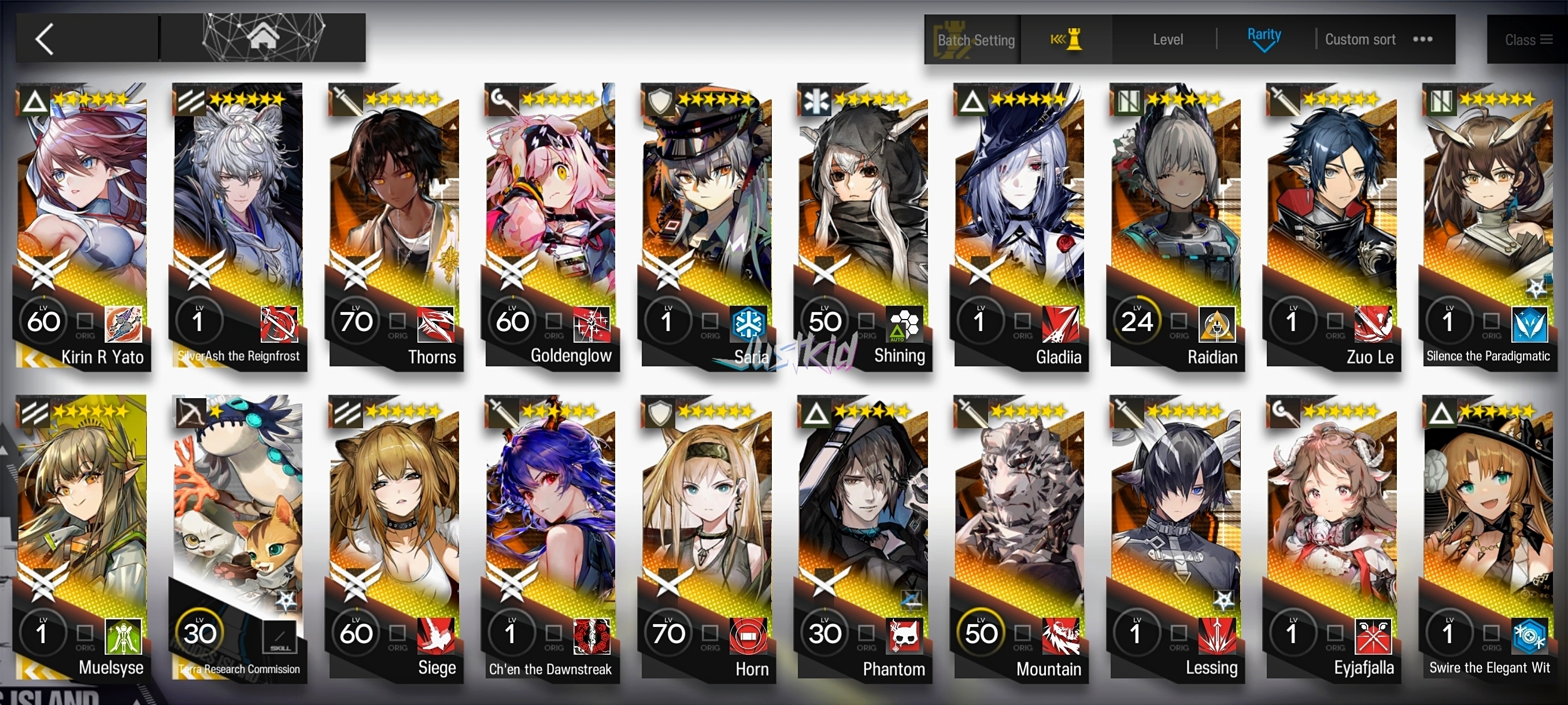 ARKNIGHTS GLOBAL EARLYMID 19*6 , 3 LIMITED KIRIN YATO,SILVERASH ALTER,MUELSYSE , CHEN DAWNSTREAK,THORN,EYJA,GOLDENGLOW,HORN,SARIA,MOUNTAIN,PHANTOM,ZUO LE,RAIDIAN - Image 1