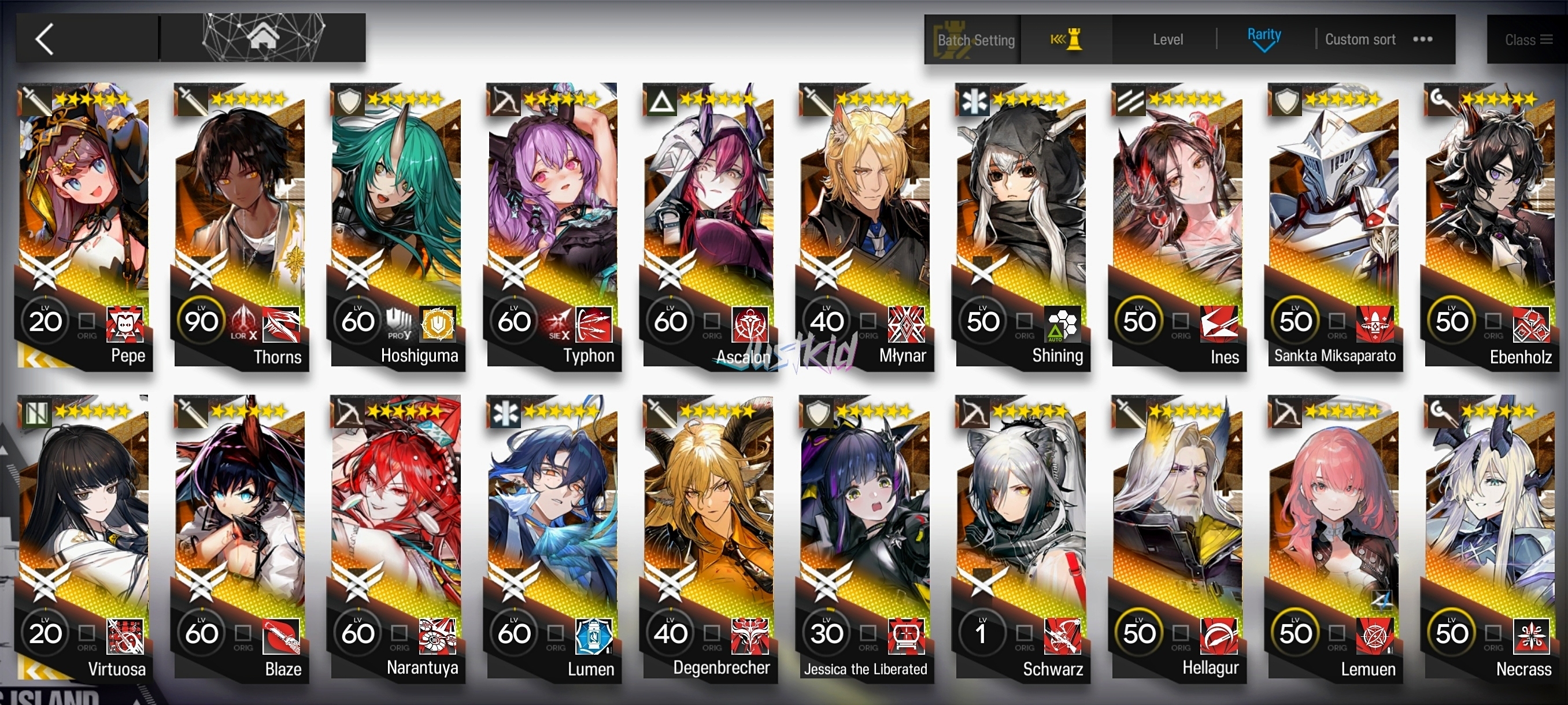 ARKNIGHTS GLOBAL MIDGAME 22*6 , 2 LIMITED VIRTUOSA,PEPE , TYPHON,NECRASS,ASCALON,MLYNAR,LEMUEN,INES,DEGENBRECHER,NARANTUYA,JESSICA ALTER,THORN,BLAZE,SCHWARZ,EBENHOLZ - Image 1